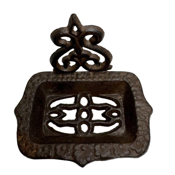 Vtg Cast Iron Soap Dish Holder Fleur De Lis Heavy Solid Rubber Feet Farm House - Picture 7 of 11